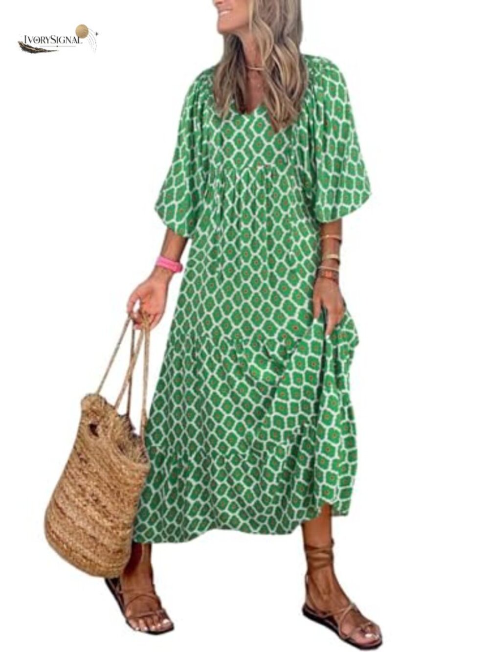 Womens Bohemian Geometric V Neck Half Sleeve Maxi Dress